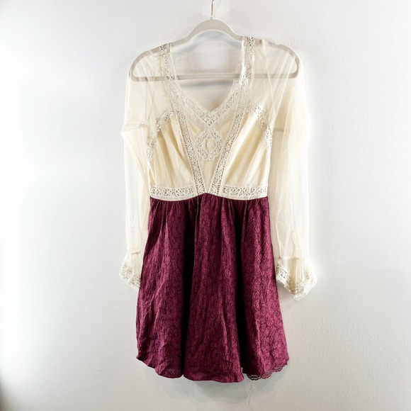 Free People V for Victoria Embroidered Lace Sleeve Mini Dress Ivory / Maroon 2 - Picture 11 of 15